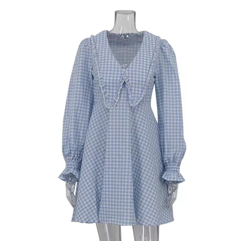 

European and American New Elegant Plaid Doll Collar Long sleeve dress Checkered Doll Collar Dress Blue L
