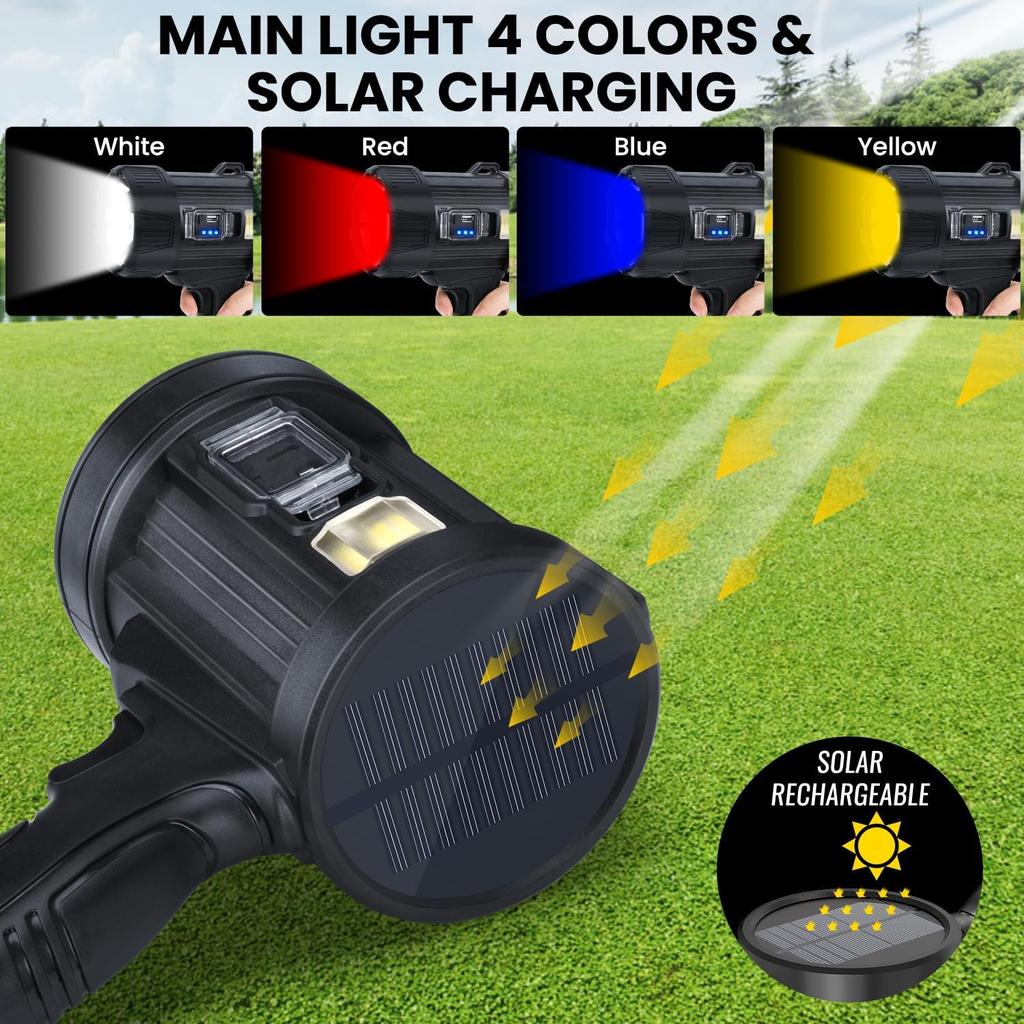 BERCOL Rechargeable Spotlight,2000000 LM Super Bright Handheld Spot Light LED Flashlight High Powered Spotlight Large Searchlight Outdoor with Solar
