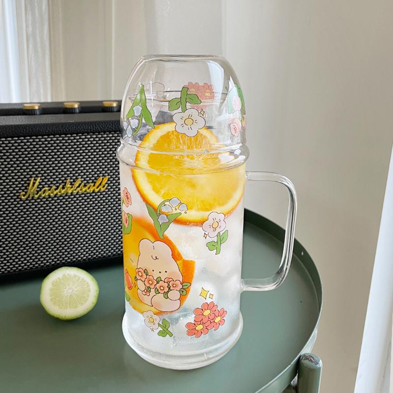 Kawaii Bunny Glass Tea Pot 1000ml Large Teapot Cute Clear Portable Fruit Juice Flower Tea Cold Heat Resistant Water Kettle Gift