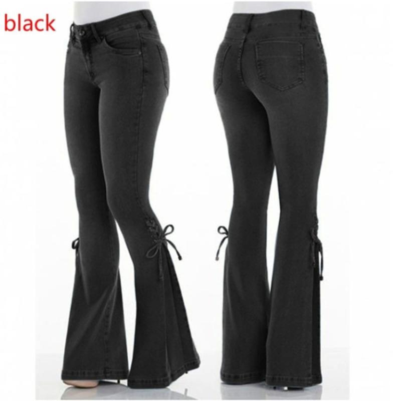Women's Lace-up Bell Bottom Denim Pants Mid Waist Stretchy Flare Juniors Jeans Trouser Leggings