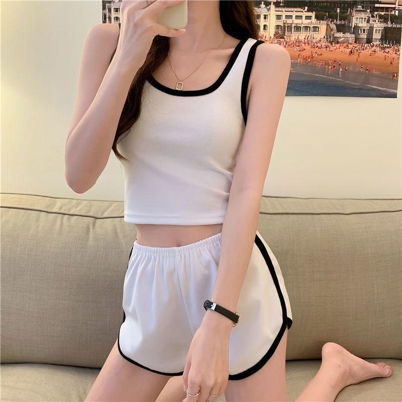 Sommer Top und Shorts Set für Damen Lässig Schlankmachend Kurze Weste Weitbeinige Shorts Sport Ärmellos Klassischer Damenanzug