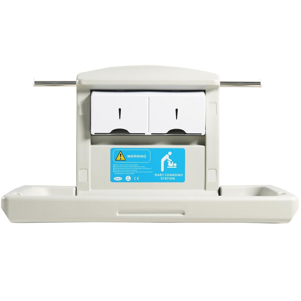 Wall-Mounted Baby Changing Station, Horizontal Foldable Diaper Change Table with Safety Straps and Hanging Rods, Use in Commercial Bathrooms, Daycare