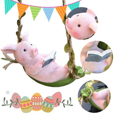 Cute Pig Swing Hanging Ornaments Resin Pig Swing Sculpture Ornament Lovely Pig Landscape for Outdoor Balcony Patio Tree Decor