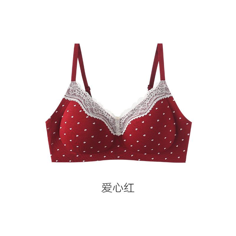 Sweet and Pure Girl Print Lace Edge Pure Cotton Underwear Women's No Steel Ring Anti-sagging Small Chest Gathering Thin Bra