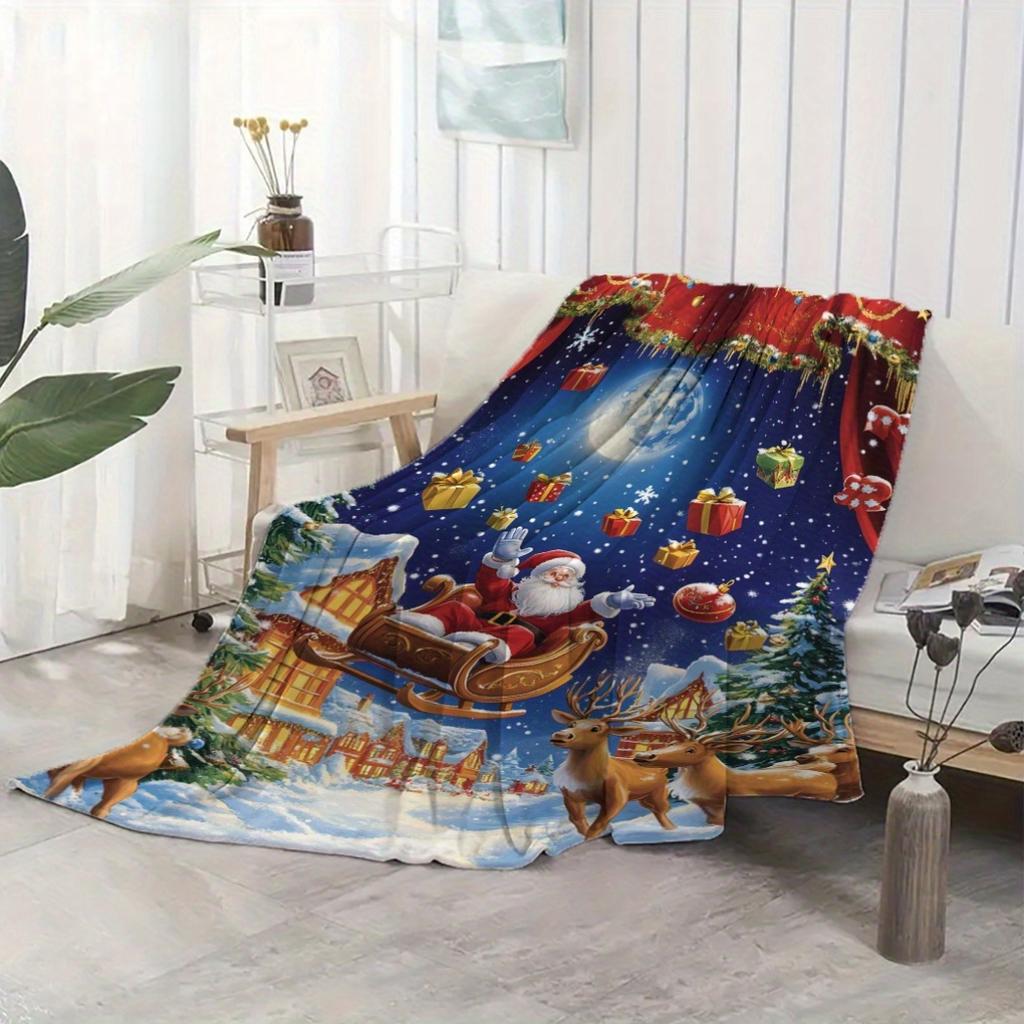 Flanelowy koc świąteczny 280 gsm - Miękki sezonowy pled ze Świętym Mikołajem, reniferami i płatkami śniegu - Wielofunkcyjny przytulny koc do drzemki na łóżko,