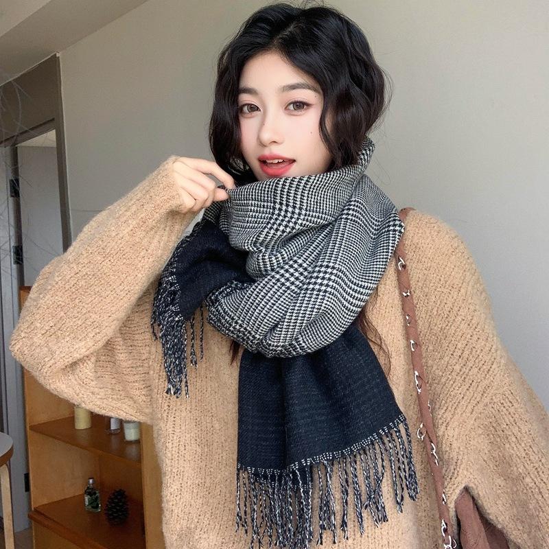 

Women Autumn Winter Knitted Scarf Headscarf Lady Men Retro Houndstooth Print Tassel Scarve Foulard Wrap Shawl Casual Korean New One Size& 8Y