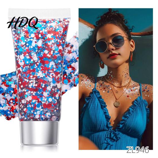 High Shine Face Gel Independence Day Body Glitter Gel Patriotic Red White Blue Hair Glitter Holiday Makeup Waterproof Sparkling Sequins for