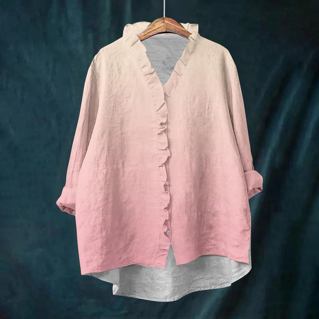 Dame Løs Volangert Blomstert Trykk Ståkrage Langermet Bomull og Lin Topp