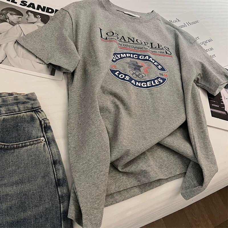 Cotton T-shirt Tops Women Summer Large Size Loose Printed Casual Pullover T-shirt Top