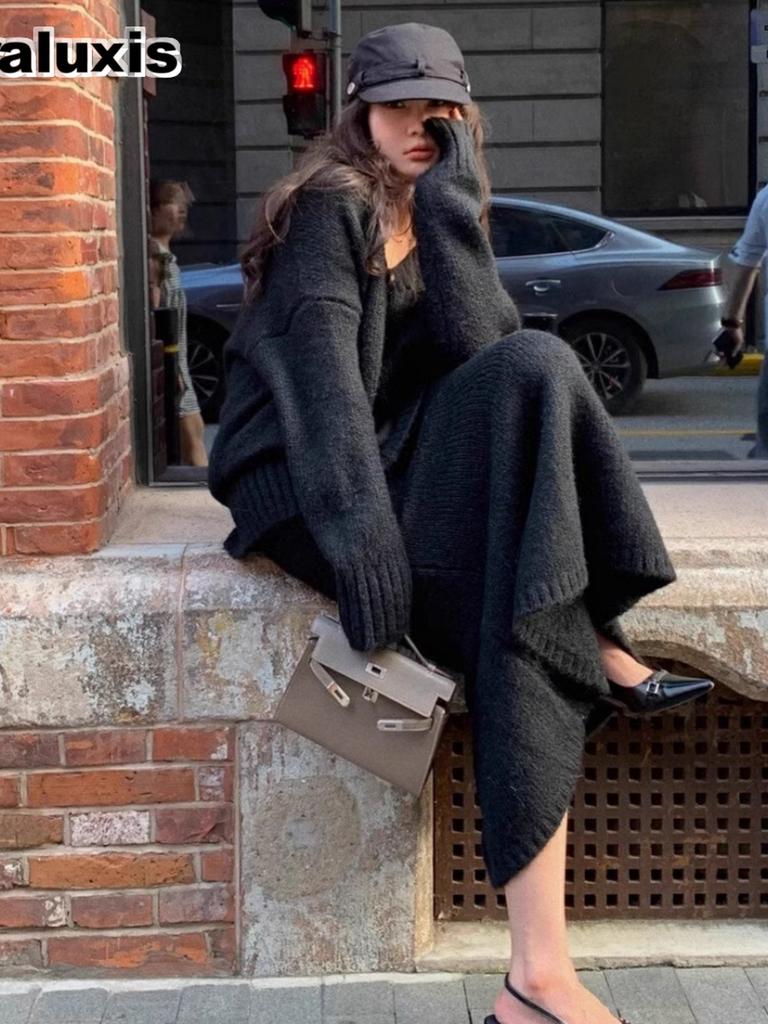 Lazy Style Knit Sweater Dress Set for Women Autumn Winter V-Neck Pullover Cardigan Half Skirt Fashion Two Piece Outfit