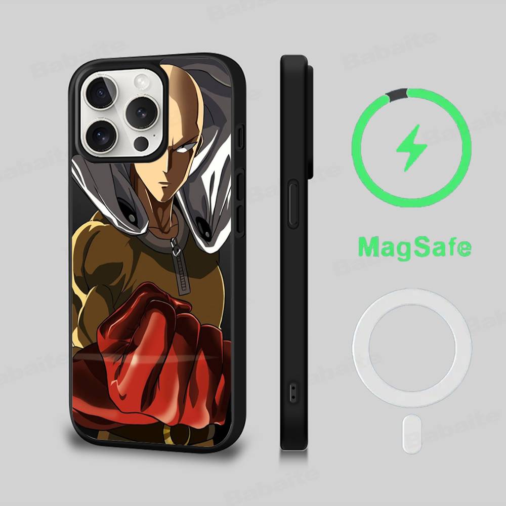 One P-Punch Man Saitama Phone Case Magnetic Case For IPhone 16 14 13 12 11 15 Pro Max Plus For Magsafe Wireless Charge Cover