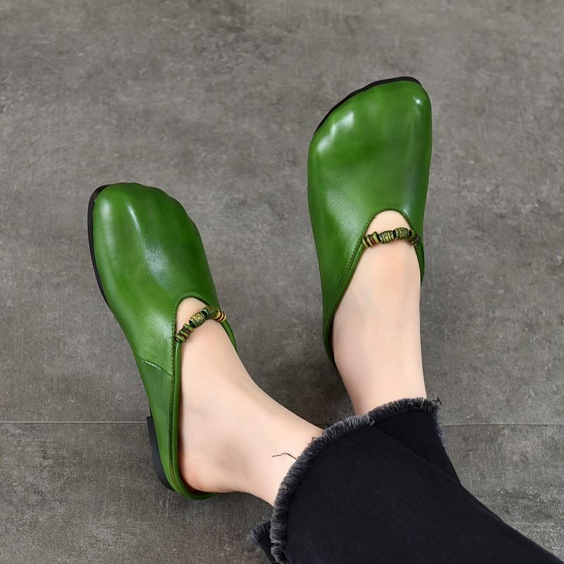 Johnature Women's Shoes Genuine Leather Flat Slippers Round Toe Versatile Casual Solid Color Outdoor Slides