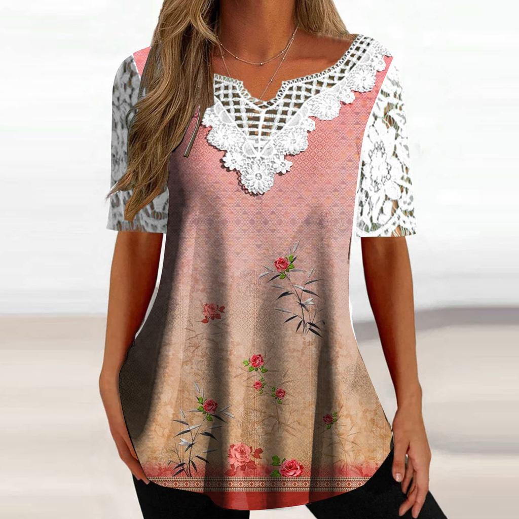 Women's Fashion Casual Lace Sleeve V-Neck Lace Trim Printed Short Sleeve Tops