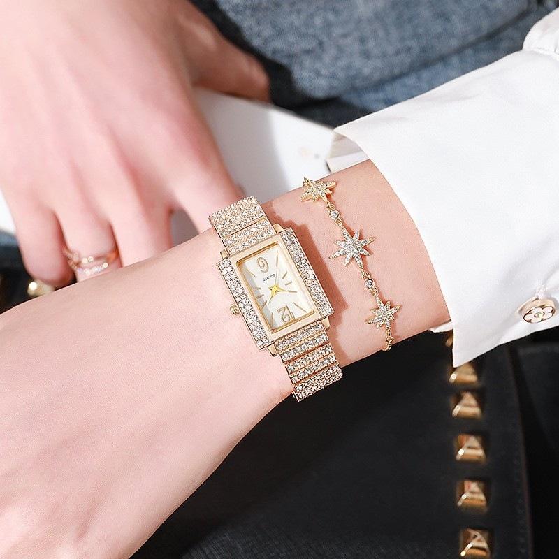 Ladies Watch Rhinestone Small Square Surface Glossy Quartz Watch Casual Simple Full Diamond Temperament Watch Women