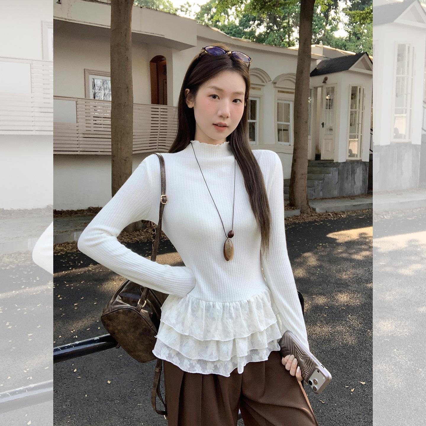 

Johnature Кружевная футболка с длинным рукавом женская осенне-зимняя в корейском стиле простая повседневная базовая футболка L бежевый