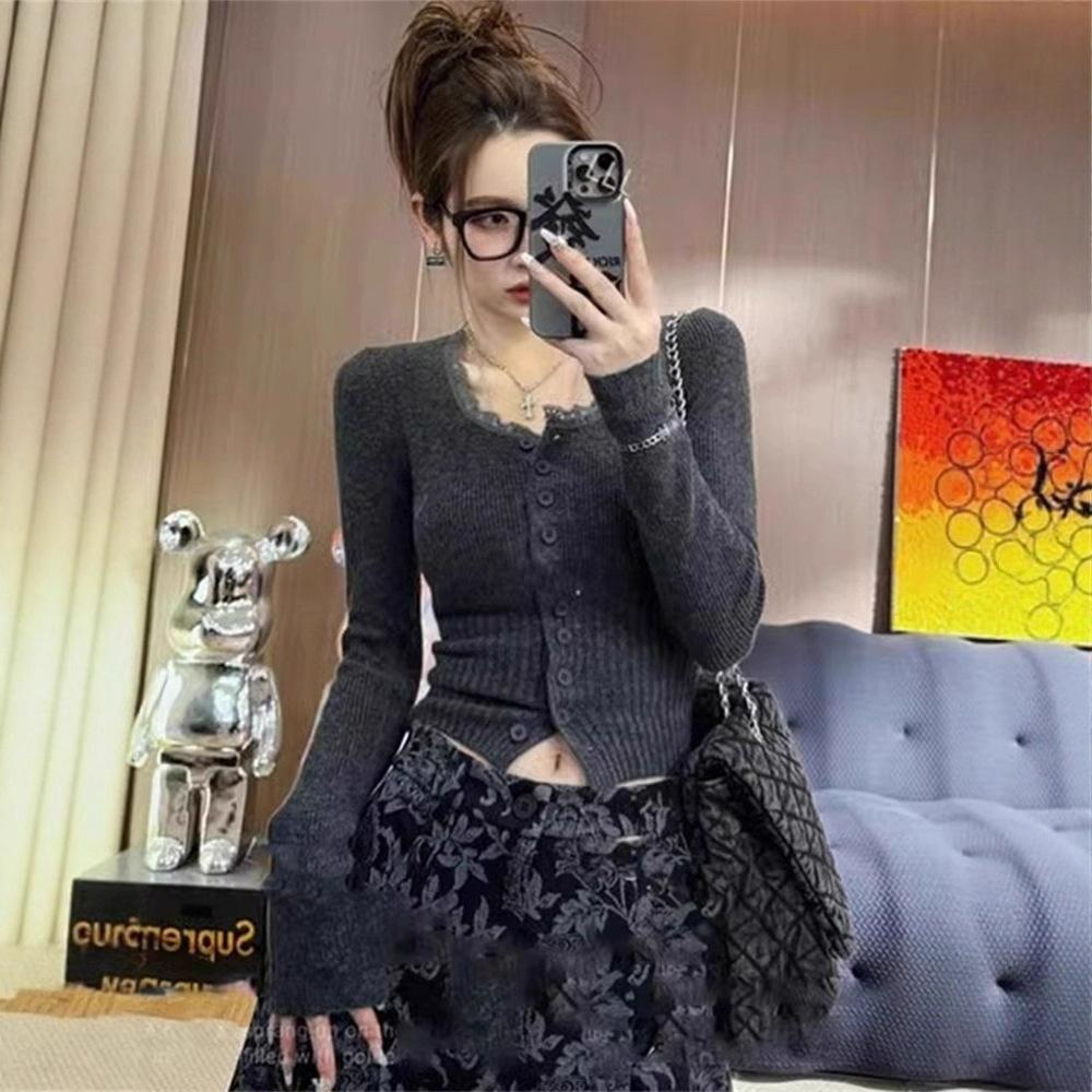 Korean sweet wind lace splicing long-sleeved knitted cardigan women's autumn and winter new slim-fitting versatile