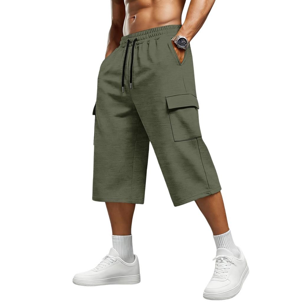 Men Loose Fit Knee Length Cargo Shorts with Elastic Waistband Drawstring and Large Side Pockets for Daily Wear