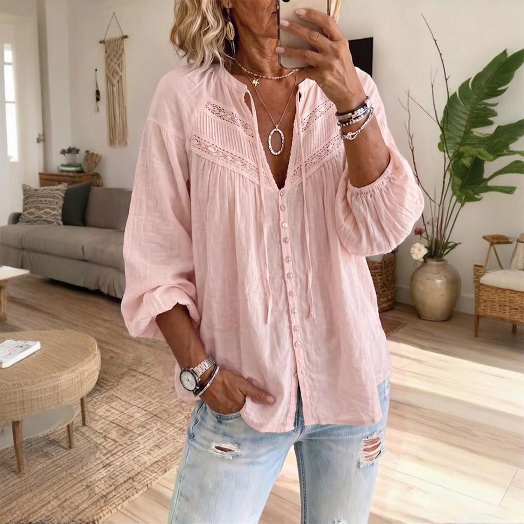 Women's Bohemian Lace Trim Cotton Linen Long Sleeve Blouse with Sleeves for Vacation Beach