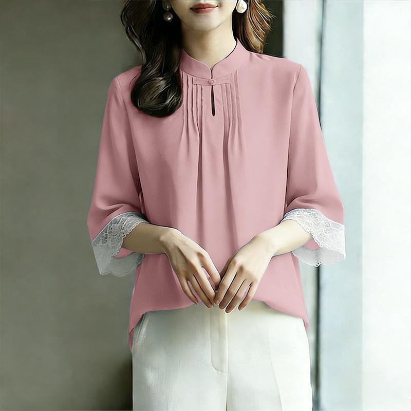 ZANZEA Women Casual Stand Color Lace Splice 3/4 Sleeve Loose Blouse