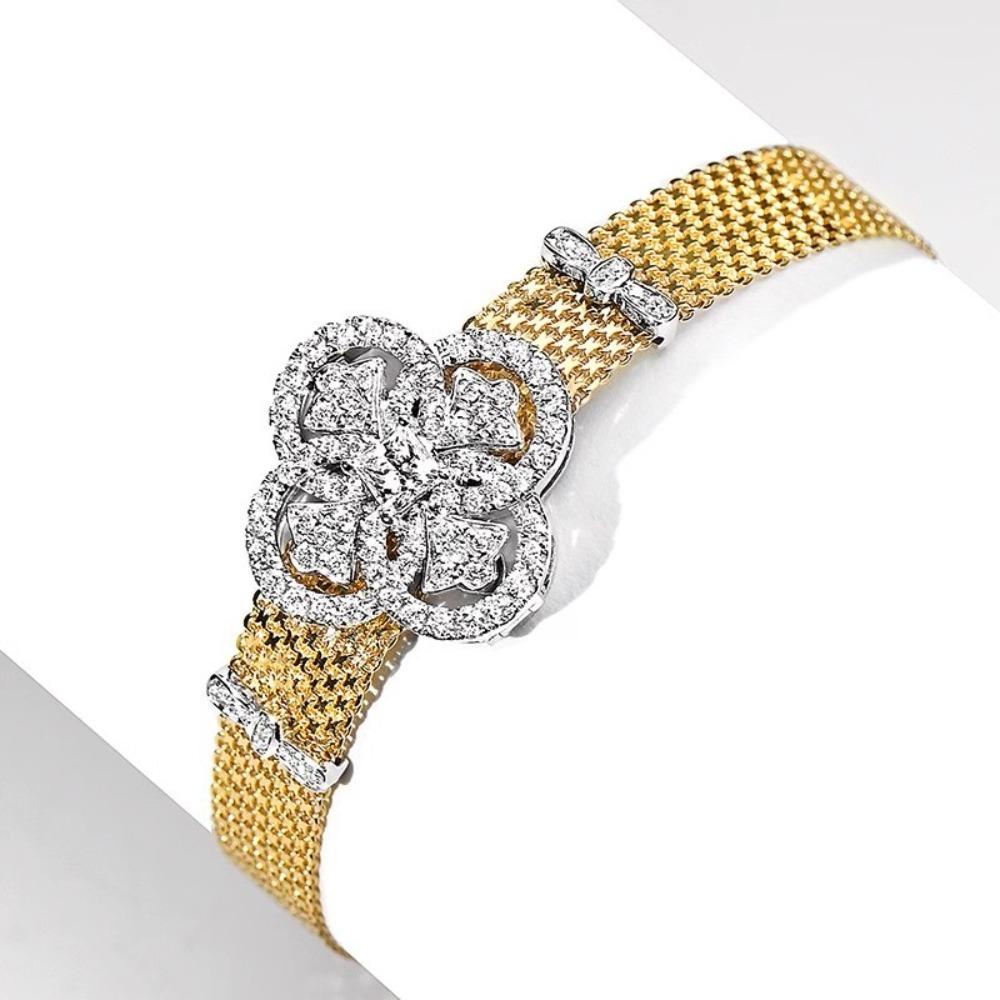 

Vintage Court Style Clover Bracelet Italian Lace Craft Two Tone Gold Diamond Women Luxury Jewelry
