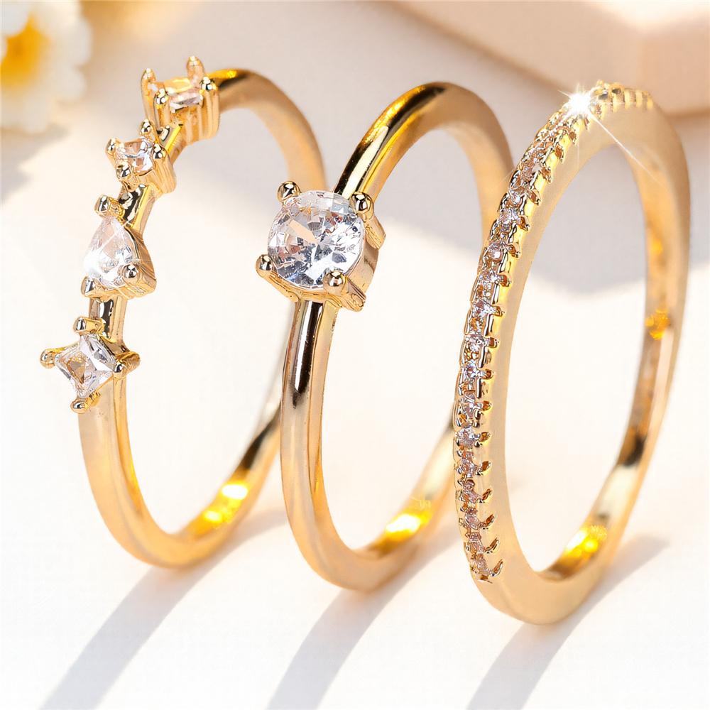 Female White Zircon Stone Engagement Ring Set Vintage Gold Color Bridal Wedding Bands Party Jewelry For Women