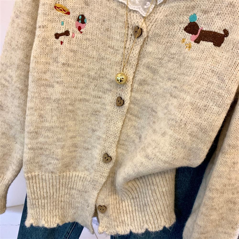 2026 Spring Autumn Korean Puppy Embroidery Lace Trim Women's Knit Cardigan