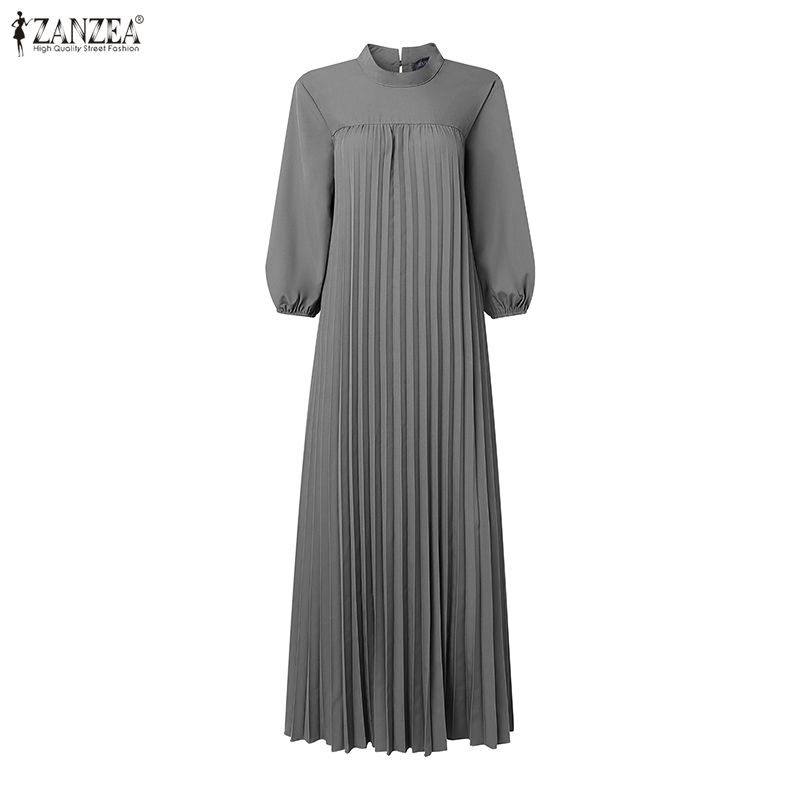ZANZEA Womens Elegant High Neck Long Sleeve Loose Fit A Line Swing Pleated Maxi Dress