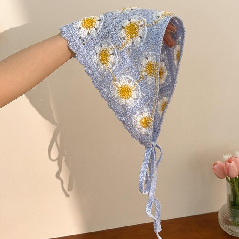 Knitted Crochet Headscarf French Pastoral Triangle Headband Handmade Soft Hair Wrapper for Beach Picnic Holiday Boho Fashion