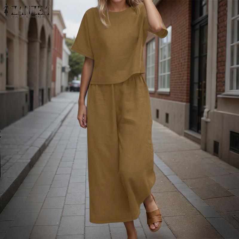 ZANZEA Dame Casual Halvlange Ermer Bluse og Bukser Sommer Todelt Draktssett