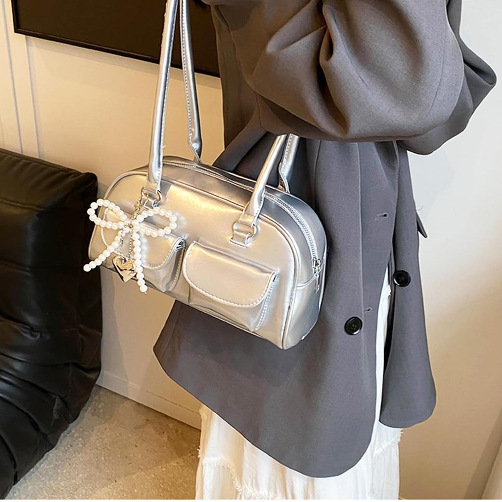 Lapimou Women's Horizontal Boston Bag, Shoulder Bag with Ribbon and Bow Design, Silver, A4 Size, Large Capacity, Popular, Trendy, Stylish, and Cute