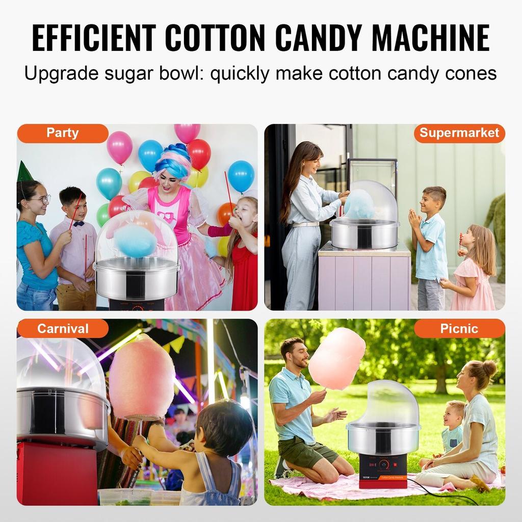 Electric Cotton Candy Machine, 1000W Candy Floss Maker, Commercial Cotton Candy Machine with Cover, Stainless Steel Bowl, and Sugar Scoop, Perfect for