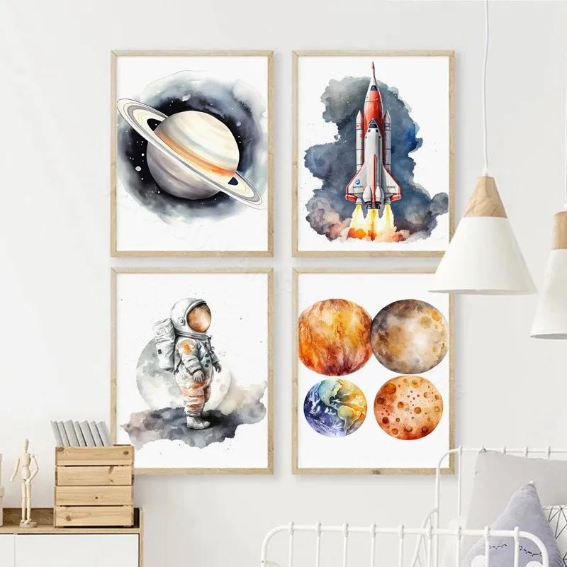 Acuarelă Astronaut Navă Spațială Rachetă Planeta Spațială Artă de Perete pentru Cameră Copii Pictură pe Pânză Imprimare Postere Imagini Pentru Decor Cameră Copii