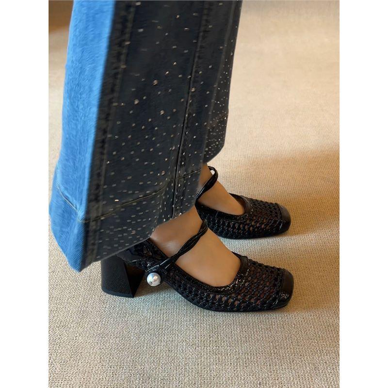 QSDD/7cm small summer square head woven Mary Jane breathable sandals pearl word with shallow mouth commuter woman