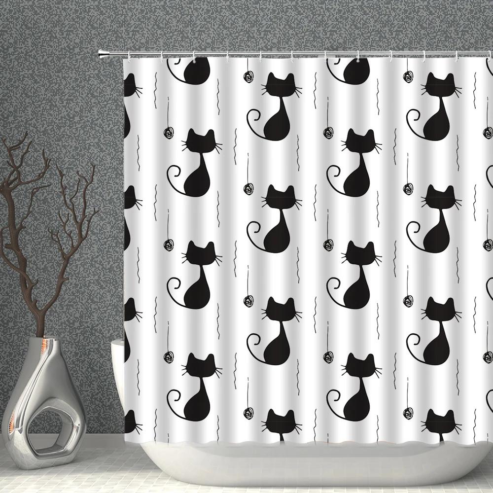 Cartoon Cat White Shower Curtain Waterproof Pattern Print Polyester Bath Curtains Multi-Size With Hooks Bathroom Screen Decor