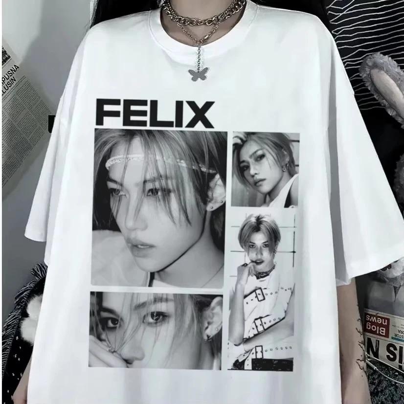 

2026 FELIX Бездомный K-pop Дизайн Футболка Унисекс Короткий рукав Хлопок Высококачественная Женская Мужская Уличная одежда 4XL