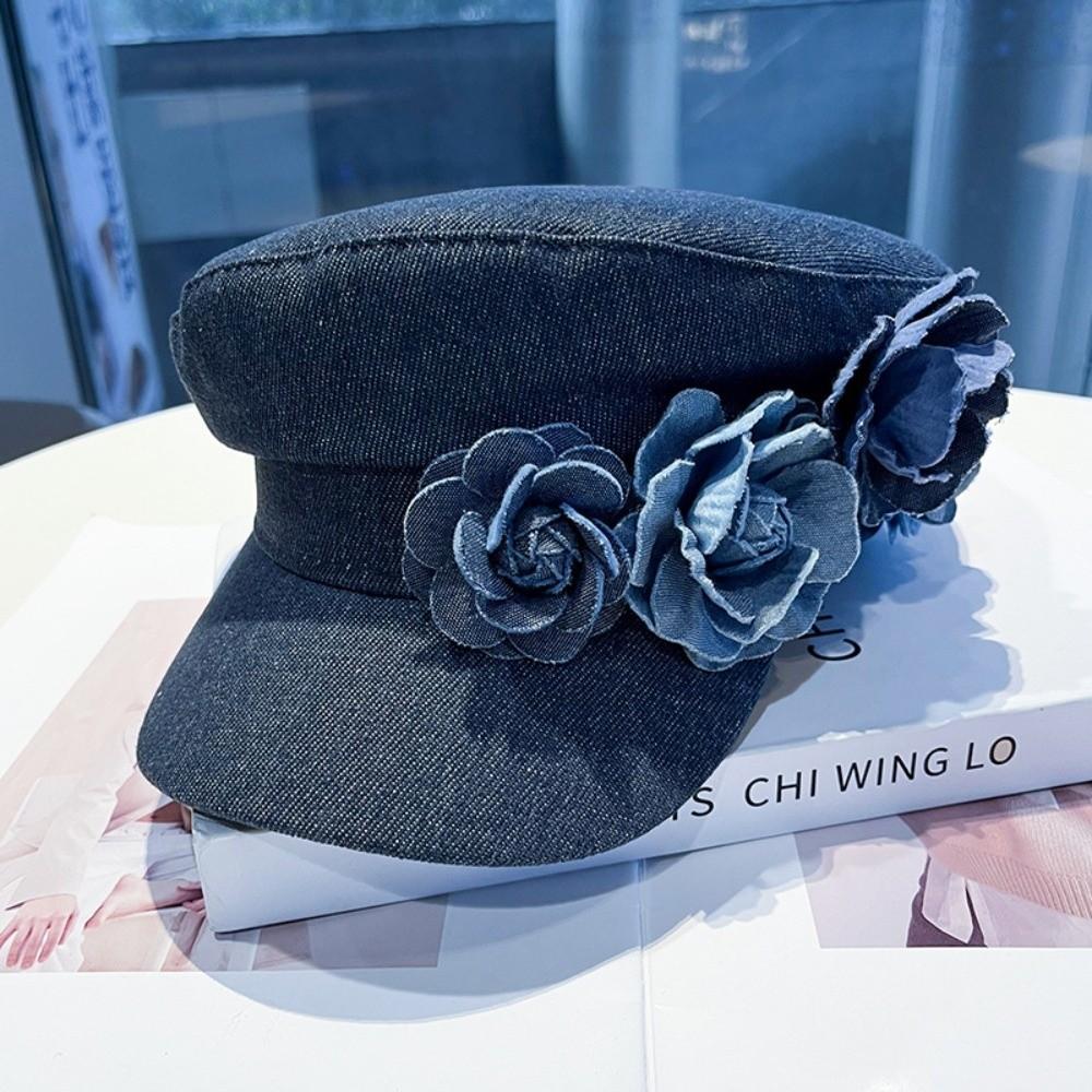 Adjustable Flower Flat Top Hat Artistic Painter Caps Trendy Denim Camellia Beret Hat  Travel