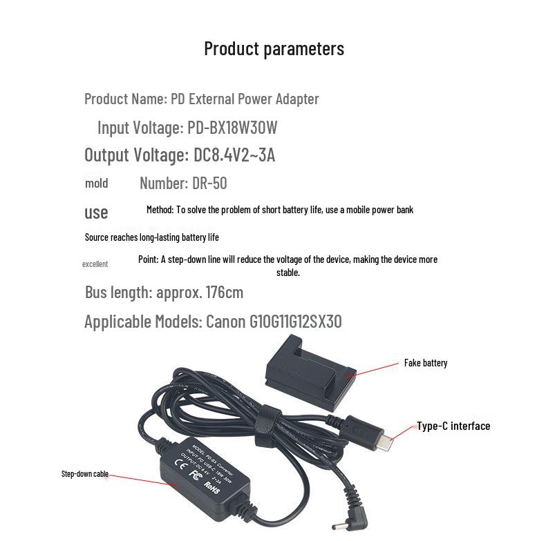 DR50 PD/Type-C Adapter for G10/G11/G12/SX30 IS with NB7L Dummy Battery