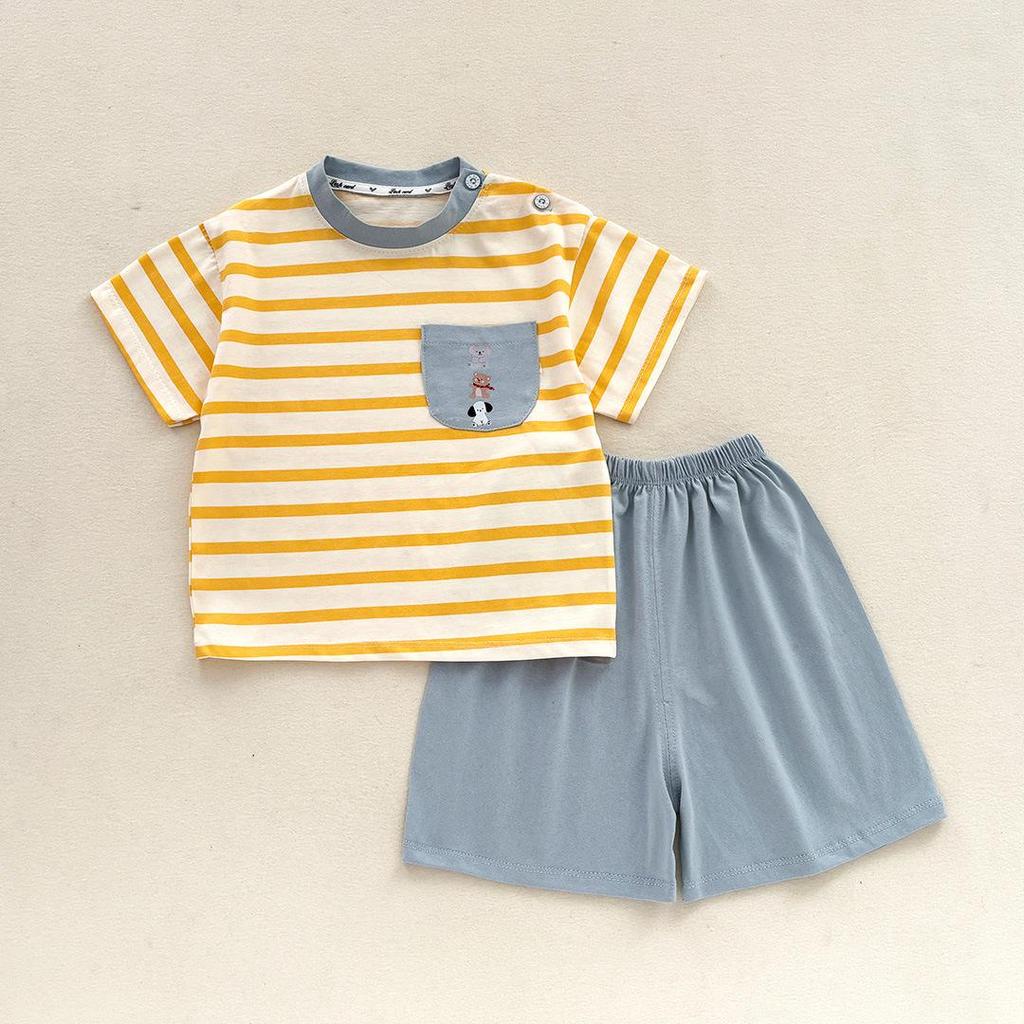 2026 Cute Cartoon Stripe Two-Piece Set: Short Sleeve T-shirt & Shorts for Small/Medium Children - Antibacterial, Class A.