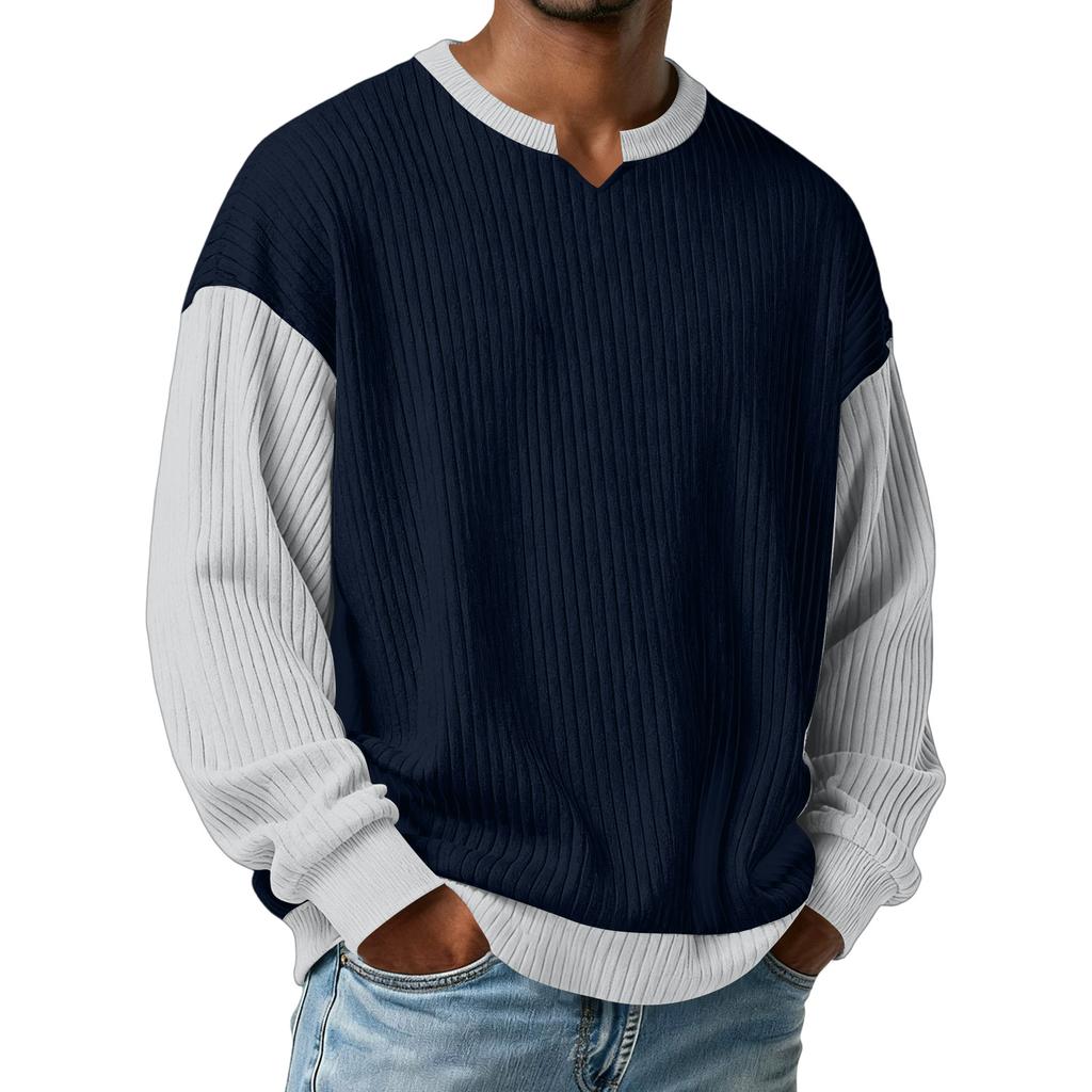 Men's Color,Blocked Stylish V,Neck Ribbed Textured Long,Sleeve T,Shirt