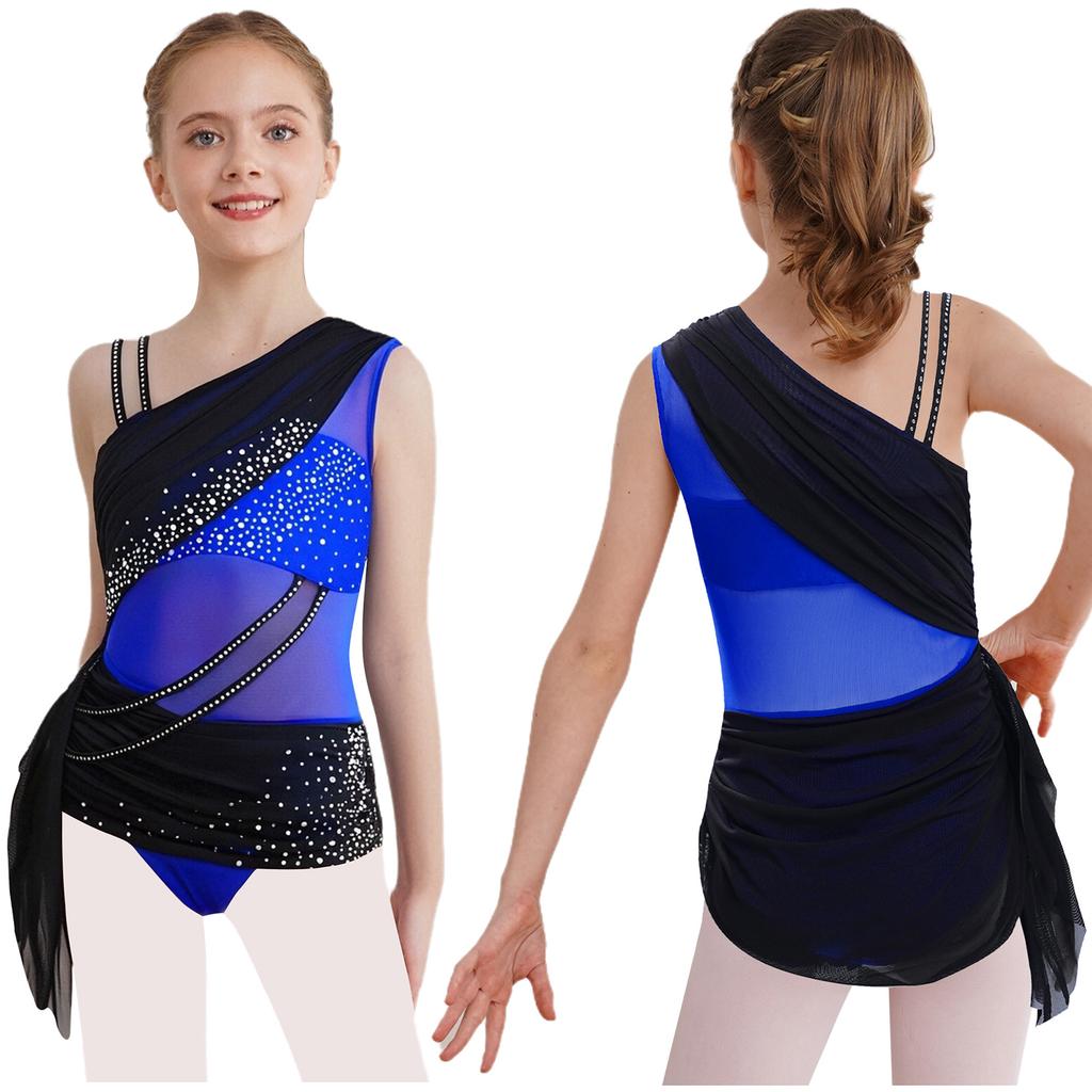 Girls Lyrical Dance Dress Color Block Design Sheer Mesh Ruched Overlay Asymmetrical Glittery Rhinestones Dress