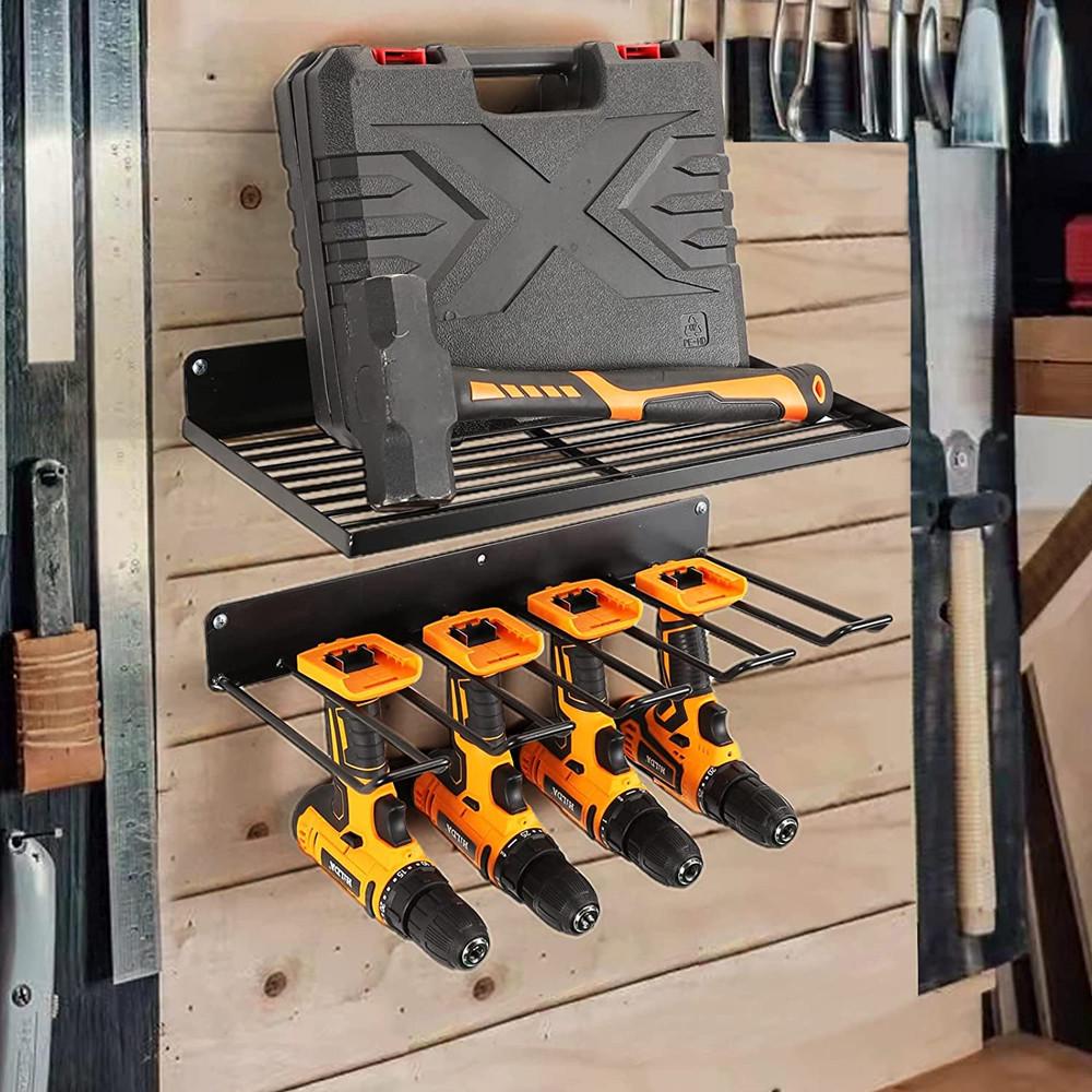 Wrought Iron Wall-Mounted Drill & Screwdriver Rack with Charging Shelf