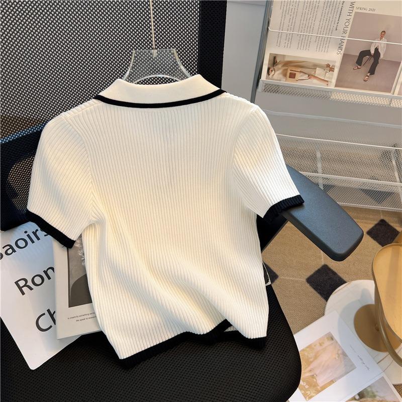New Knitted Short Sleeve Women Blouse Summer Lapel Loose Slim Fit Ice Silk Shirt Pullover Sweater Casual Simple Sweet Tops Elegant Fashion Clothing