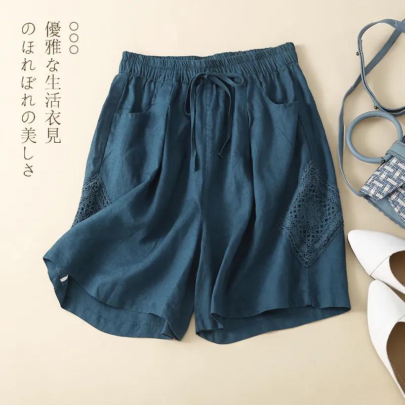 Pantaloncini da donna stile giapponese in misto lino con decoro in pizzo, lunghezza al ginocchio