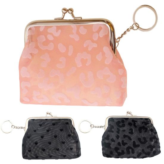 Kiss-lock Coin Purse for Girls Women, Mini Nylon Change Wallet with Keychain, Cute Sheer Leopard Print Coin Pouch for Cash Key