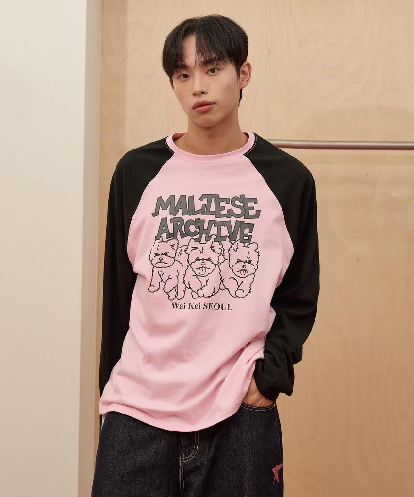 WAIKEI Maltese Archive Line Graphic Raglan Long Sleeve T-Shirt Pink