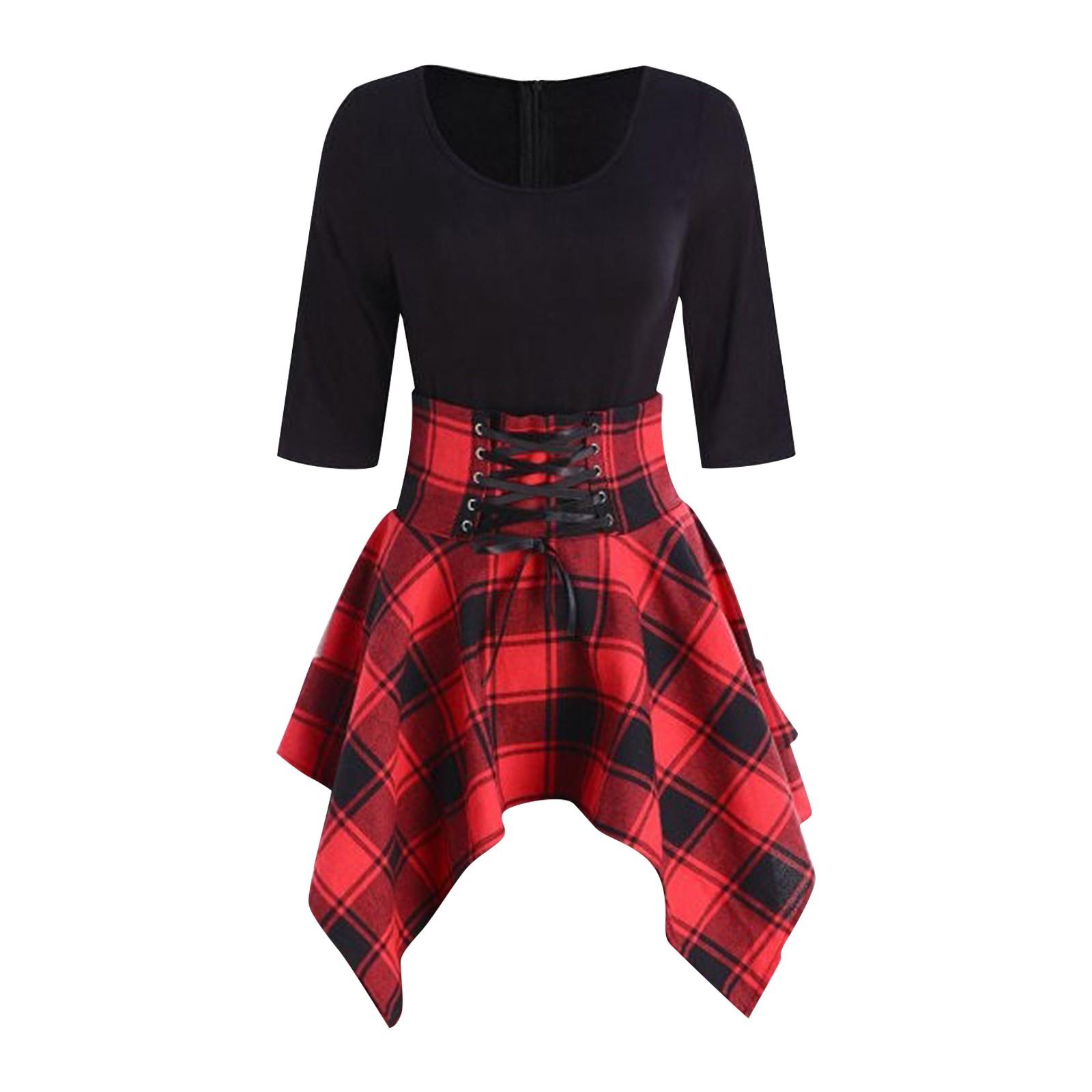 

Женское платье с коротким рукавом и круглым вырезом в клетку с принтом, платья с нерегулярным подолом M красный