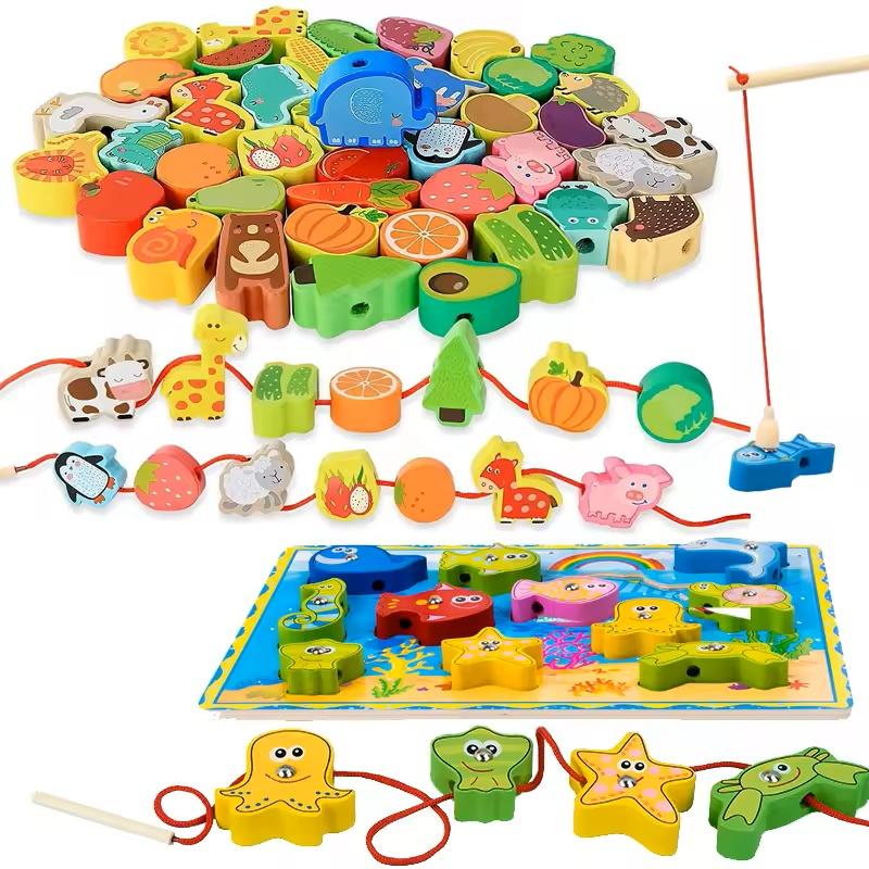 Baby Monterssori Diy Wooden Toys Cartoon Fruit Animal Stringing Threading Wooden Beads Educational Toys For Kids Christmas Gift