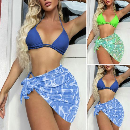 

3 шт./компл. комплект бикини с открытой спиной и принтом водной ряби, бюстгальтер с лямкой на шее, трусы со средней посадкой, юбка