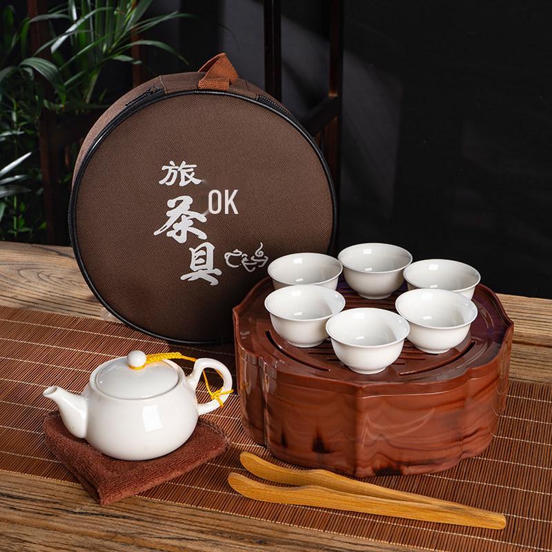 Portable Ceramic Kung Fu Tea Set with Tray, Cups, Teapot, and Lid Bowl