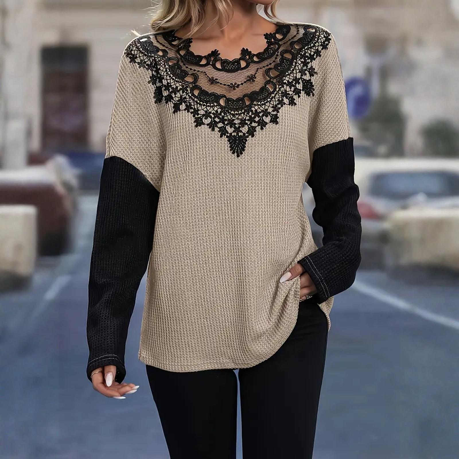 

Женский свободный и удобный топ с кружевной вставкой, ажурный, свободного кроя, с длинными рукавами XL хаки